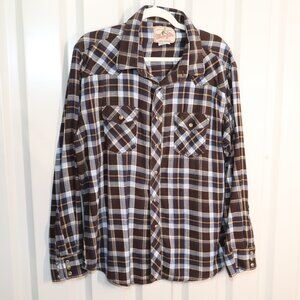 Wrangler Mens Vintage Pearl Snap Cotton Flannel Plaid Brown Blue Shirt Size XL